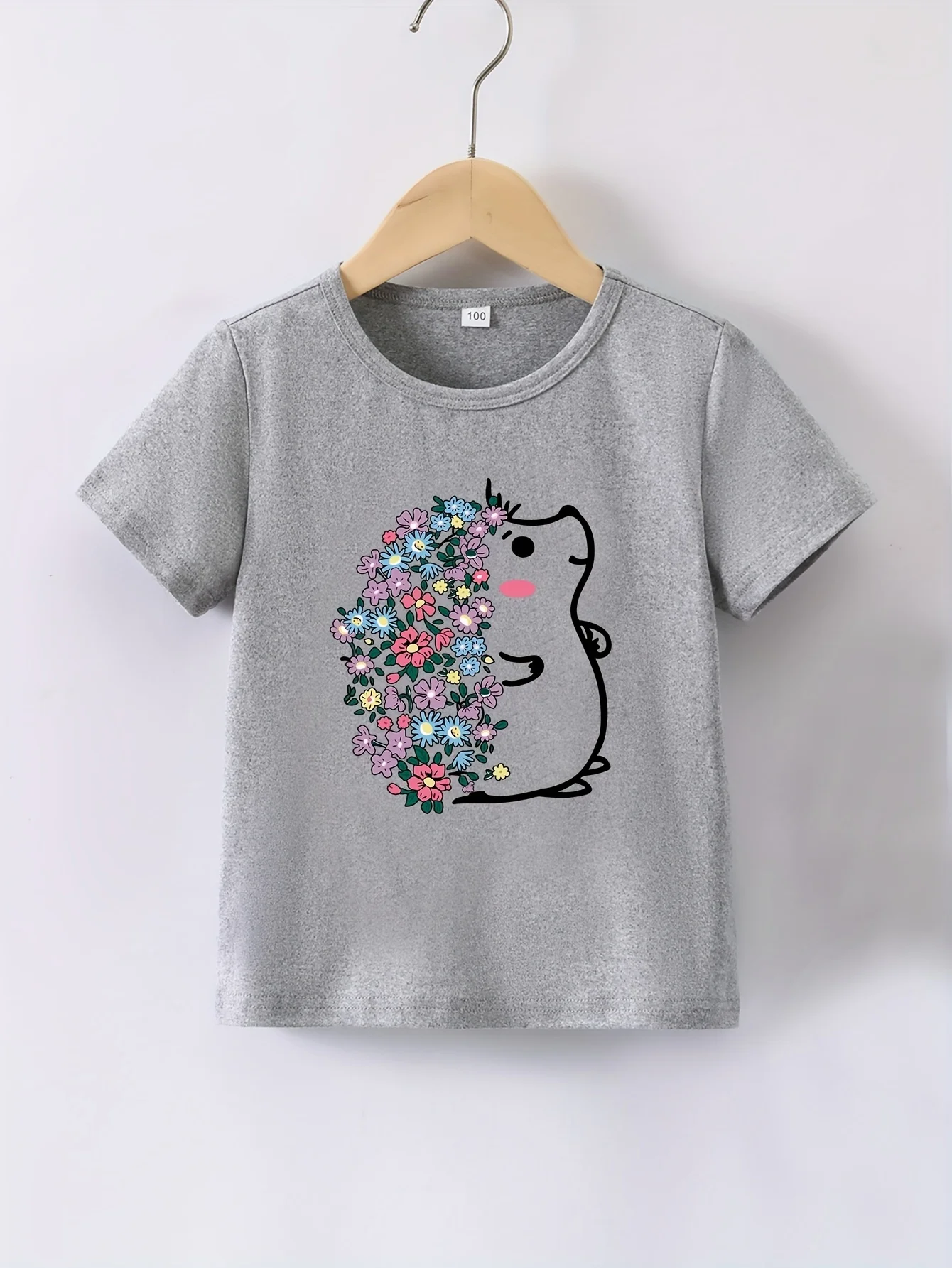 Summer Baby Girl Pink Clothes Kid Girls Casual Cartoon Flower Hedgehog Printed T-shirts Children Crew Neck Short Sleeve Top