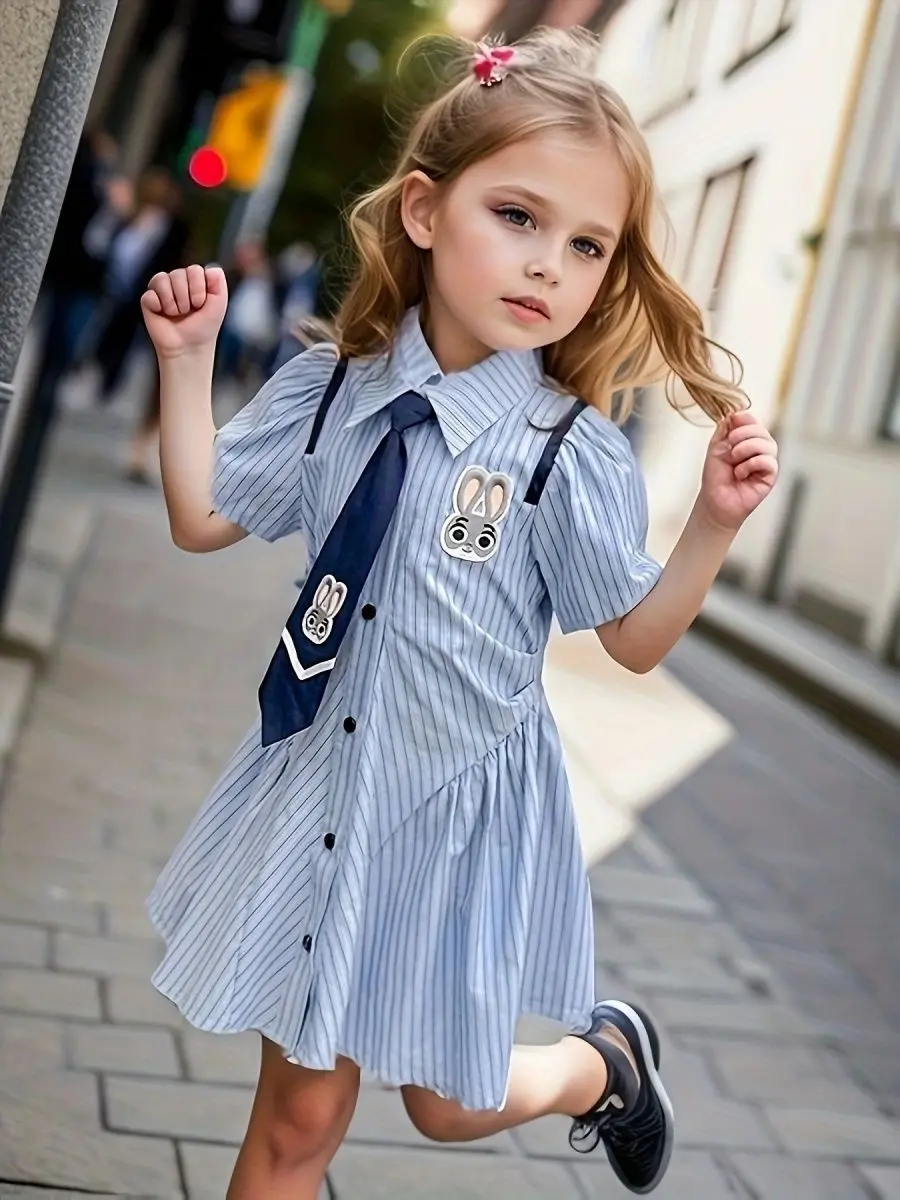 Zootopia Judy Summer Outfit Set for Girls 2026 Toddler Baby Short Sleeve Striped Shirt Pleated Skirt 2pcs Casual Kids Dress Suit - Image 5