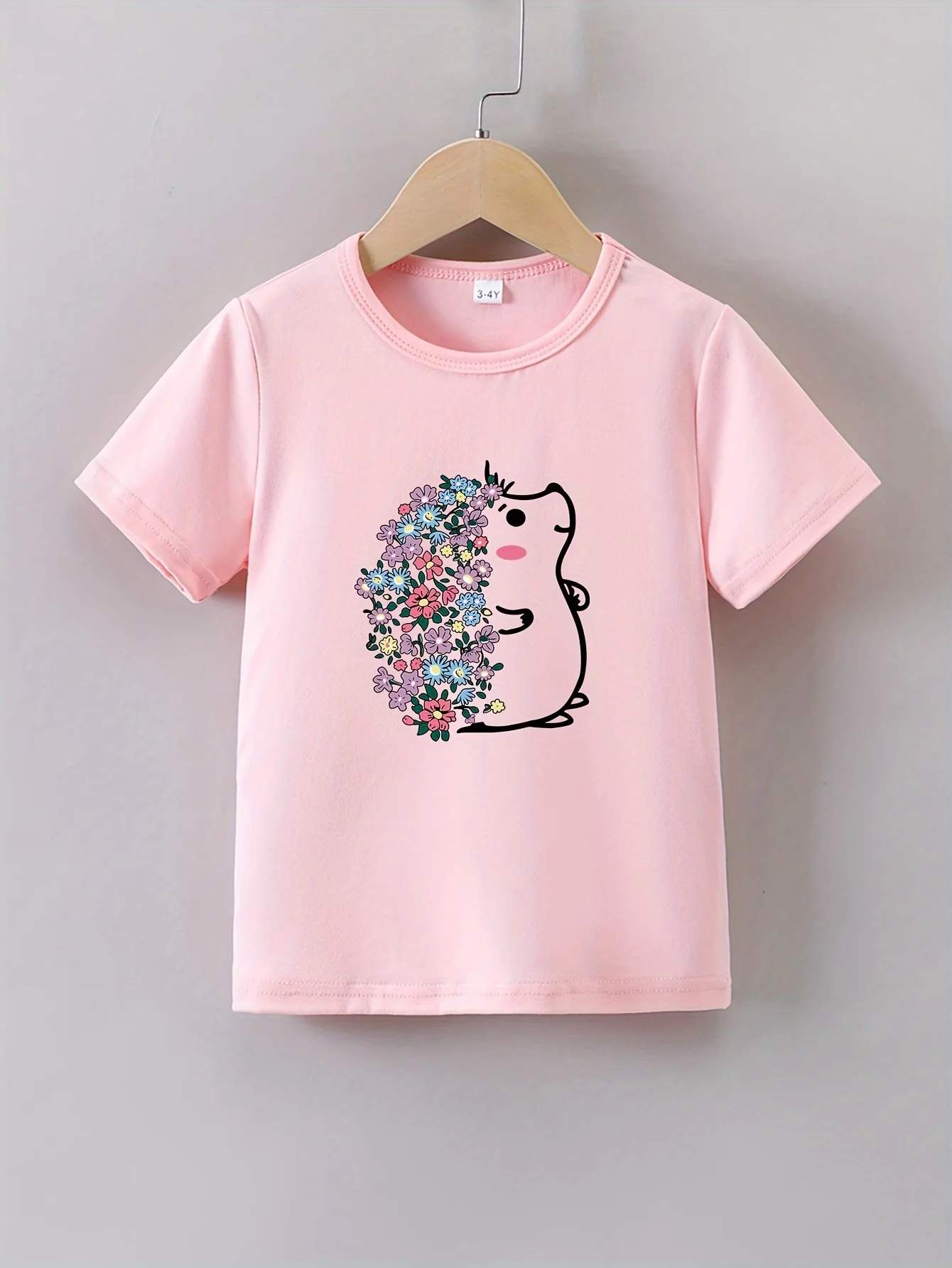 Summer Baby Girl Pink Clothes Kid Girls Casual Cartoon Flower Hedgehog Printed T-shirts Children Crew Neck Short Sleeve Top - Image 3