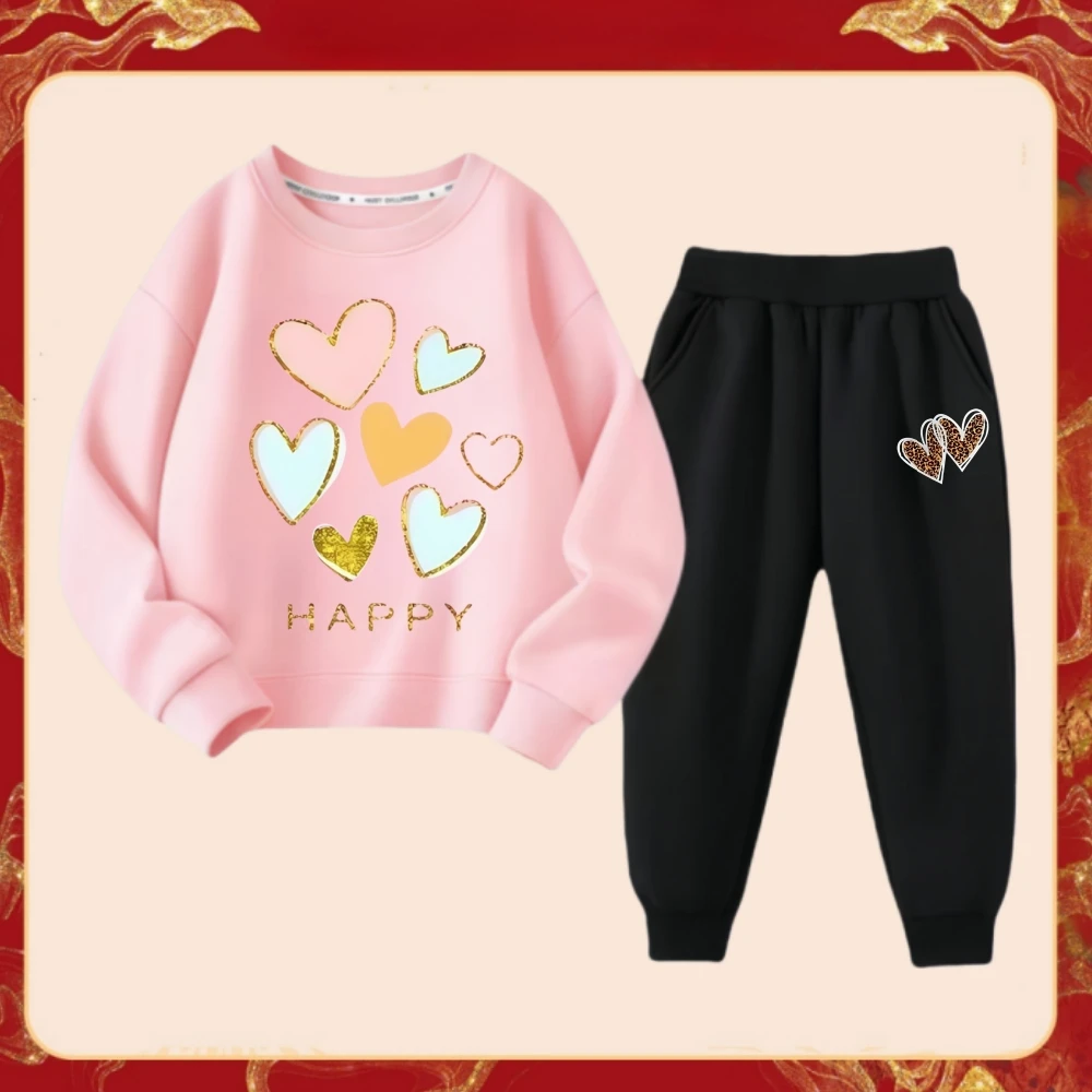 Spring Children Clothes Set Kid Girls Sweet Sweatshirts Pullover Top And Pants 2 Pieces Suit Heart Print Long Sleeve Tracksuits - Image 2