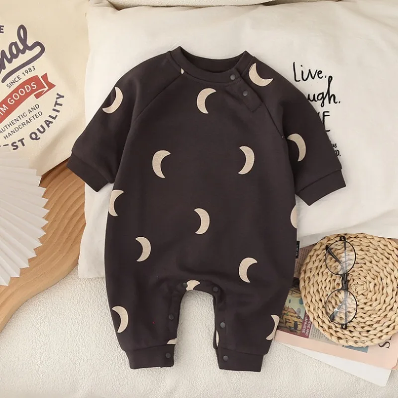 Newborn Spring and Winter Fashion Moon Sun Print Suit Cotton Comfortable and Soft 0-12 Boys and Girls Long Sleeved Baby Bodysuit - Image 2