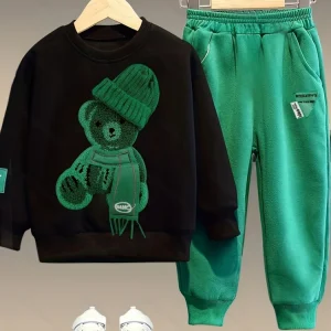 Autumn Children Boy Clothes Set Baby Girls Cartoon Embroidery Bear Sweatshirts Pullover Top and Pants Suit Teenage Tracksuits