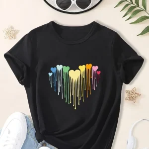 Summer Baby Girl Black Clothes Kid Girls Casual Colorful Heart Printed T-shirts Children Fashion Crew Neck Short Sleeve Top