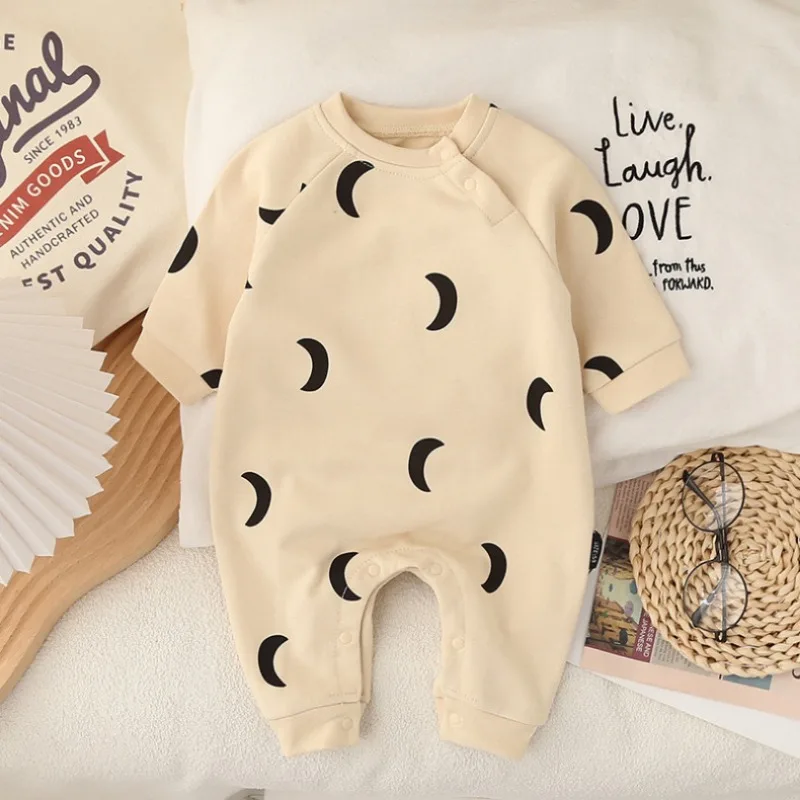 Newborn Spring and Winter Fashion Moon Sun Print Suit Cotton Comfortable and Soft 0-12 Boys and Girls Long Sleeved Baby Bodysuit - Image 3