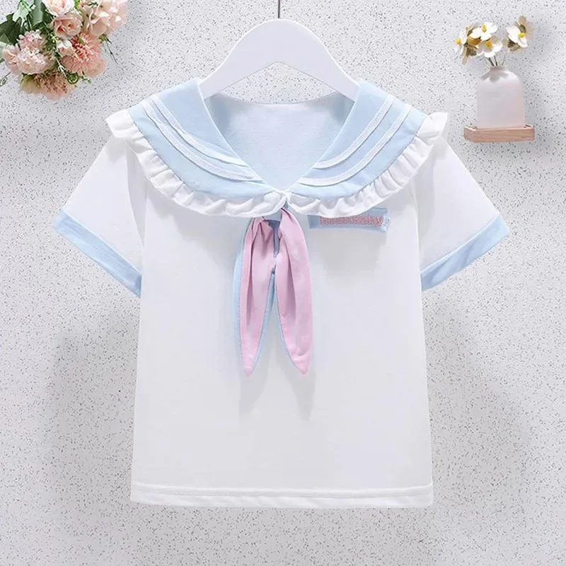 Summer Children Girls Student Uniform Set JK Mandarin Collar Tshirts and Pleated Skirts 2 Pieces Suit Kid Top Bottom Clothes - Image 2