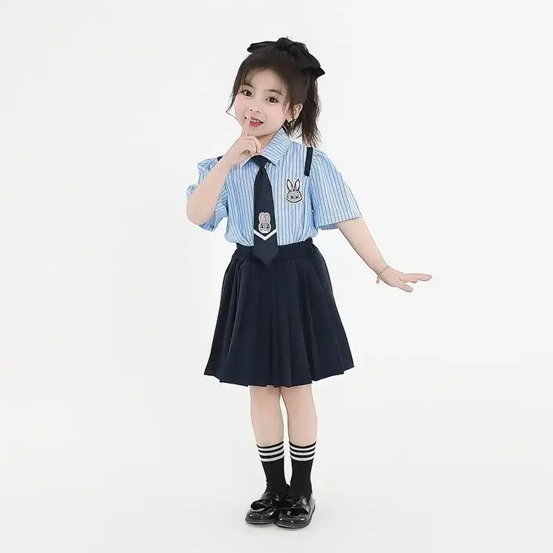 Zootopia Judy Summer Outfit Set for Girls 2026 Toddler Baby Short Sleeve Striped Shirt Pleated Skirt 2pcs Casual Kids Dress Suit - Image 4