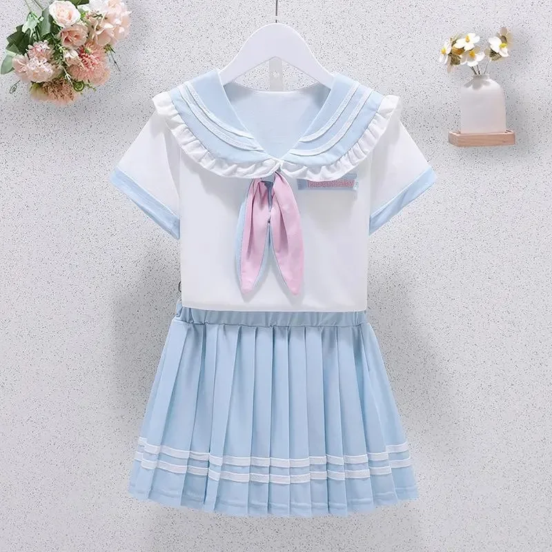 Summer Children Girls Student Uniform Set JK Mandarin Collar Tshirts and Pleated Skirts 2 Pieces Suit Kid Top Bottom Clothes - Image 3