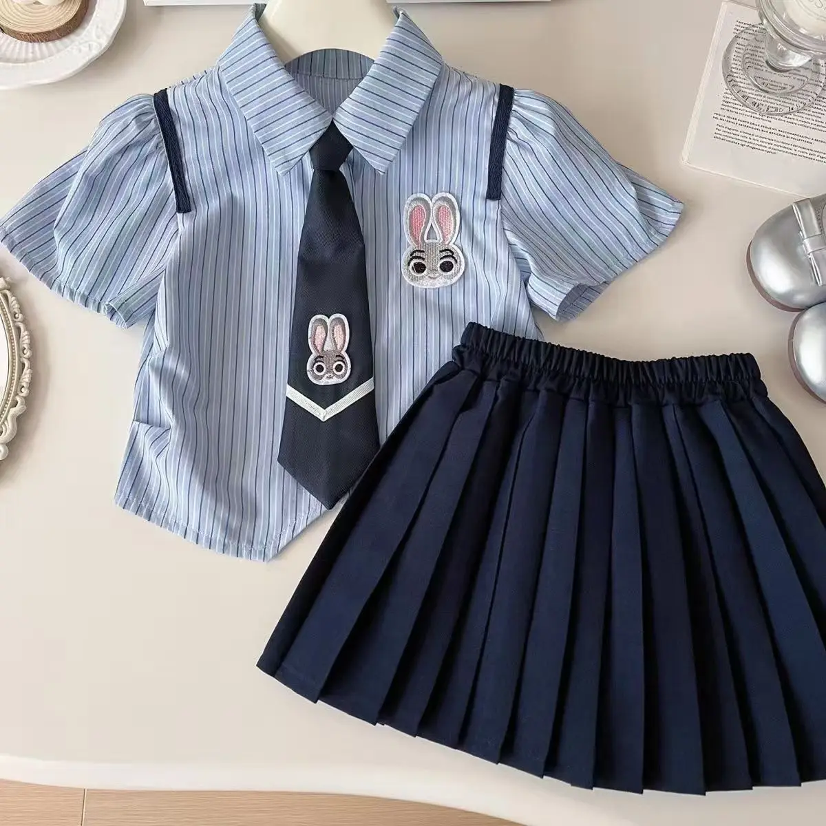 Zootopia Judy Summer Outfit Set for Girls 2026 Toddler Baby Short Sleeve Striped Shirt Pleated Skirt 2pcs Casual Kids Dress Suit - Image 3